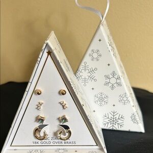 Macy's 18k Gold Over Brass Earrings Set Christmas Ornament Gift Box NIB